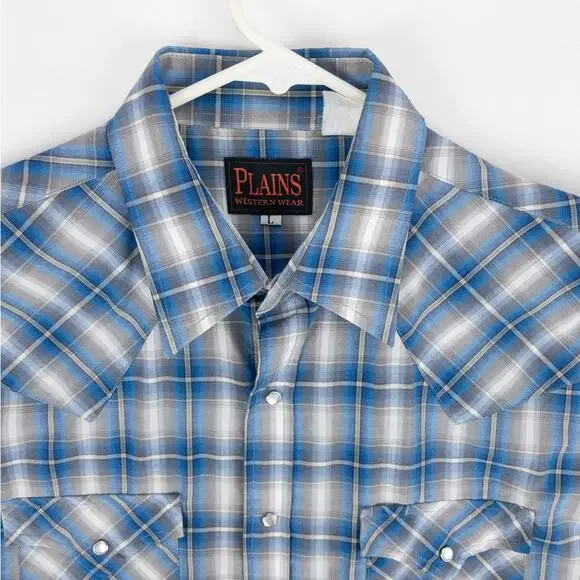 Plains Western Shirt Men's Large Short Sleeve Pearl Snaps Plaid White Blue - Picture 2 of 9